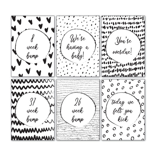 Downloadable bump milestone cards showing six sample designs from the 30 card set, script handwriting font, printable pregnancy milestone cards by Paper Heart Design