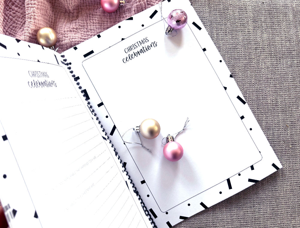 Christmas Memories keepsake book open to Christmas celebrations pages stylised flat lay, memory book by Paper Heart Design