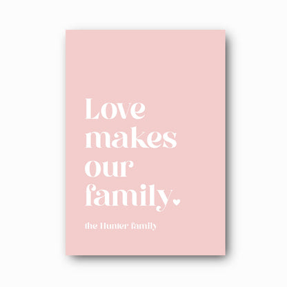 Love Makes Our Family personalised family print in pink on white background, family wall art by Paper Heart Design NZ