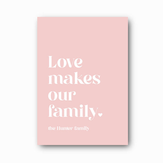 Love Makes Our Family personalised family print in pink on white background, family wall art by Paper Heart Design NZ