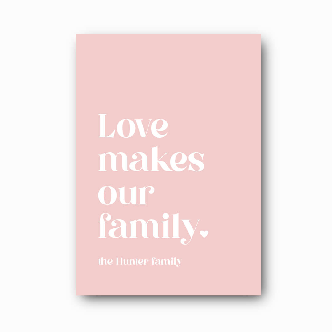 Love Makes Our Family personalised family print in pink on white background, family wall art by Paper Heart Design NZ