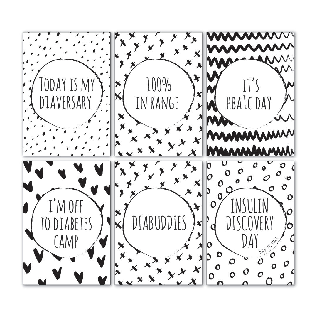 Free printable diabetes milestone cards showing six sample designs in classic monochromatic style on white background, achievement cards by Paper Heart Design NZ