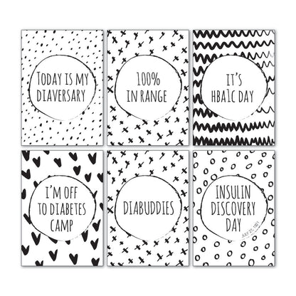 Free printable diabetes milestone cards showing six sample designs in classic monochromatic style on white background, achievement cards by Paper Heart Design NZ