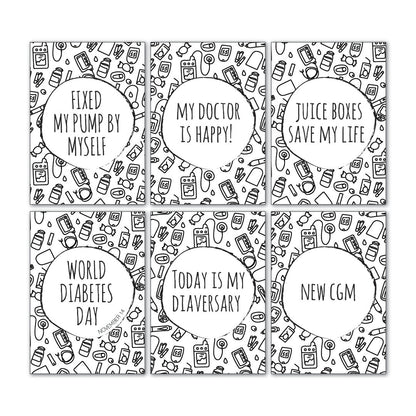 Free printable diabetes milestone cards showing six sample designs with diabetes sketch icons on white background, achievement cards by Paper Heart Design NZ