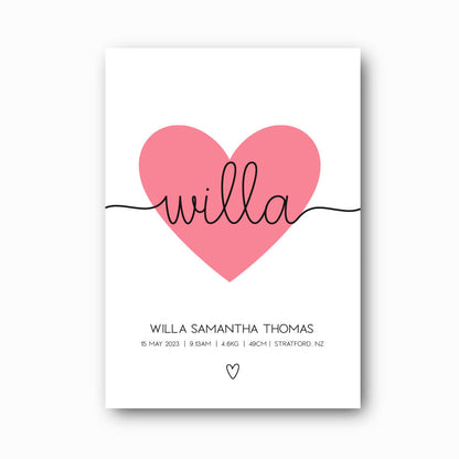 Essence Birth Print personalised baby birth print with pink heart feature and black script name on white background, newborn keepsake by Paper Heart Design