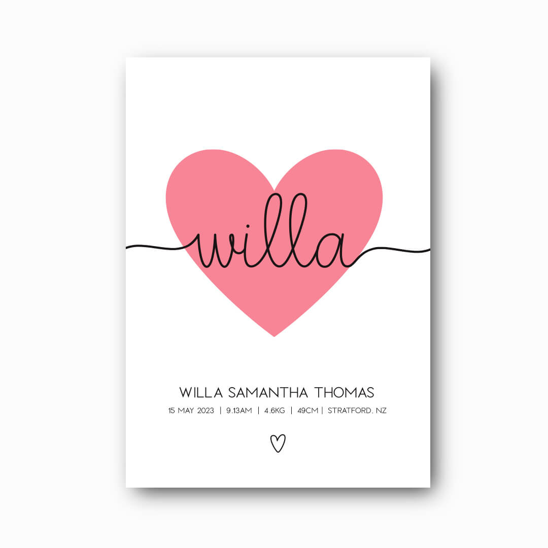Essence Birth Print personalised baby birth print with pink heart feature and black script name on white background, newborn keepsake by Paper Heart Design