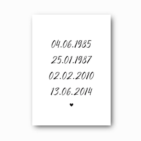 Family Dates personalised print in black brush script font on white background, custom family milestone wall art by Paper Heart Design