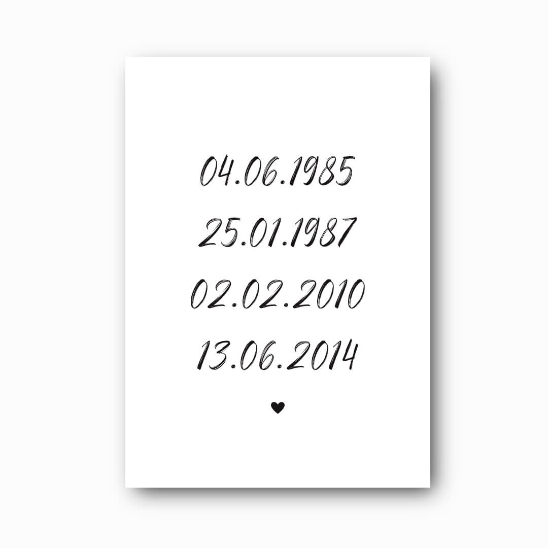 Family Dates personalised print in black brush script font on white background, custom family milestone wall art by Paper Heart Design