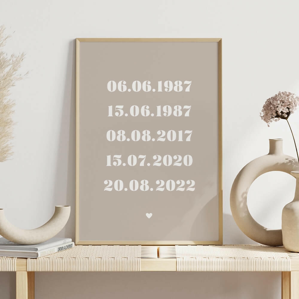 Family Dates personalised print framed in pebble with white bold serif font on shelf with white vases, family wall art by Paper Heart Design