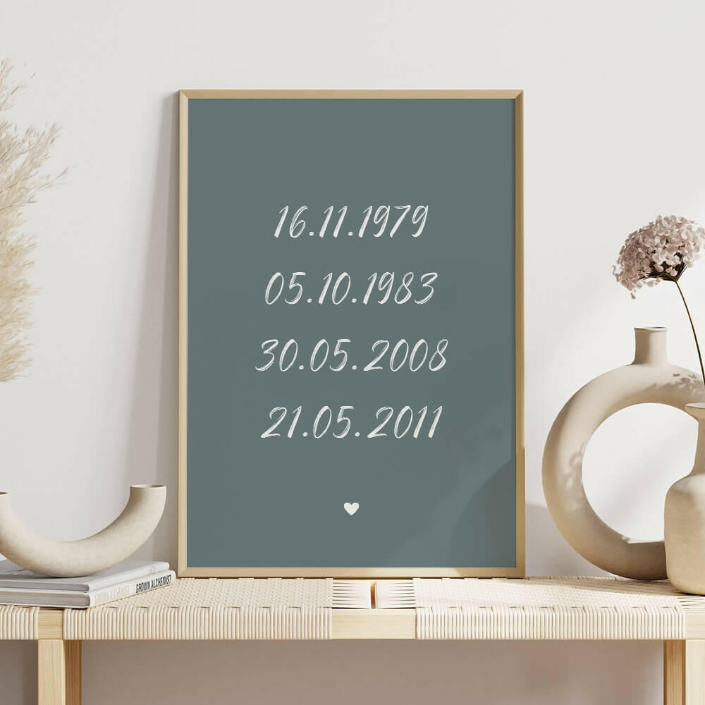 Family Dates personalised print framed in willow with white brush script font on shelf with white vases, family wall art by Paper Heart Design