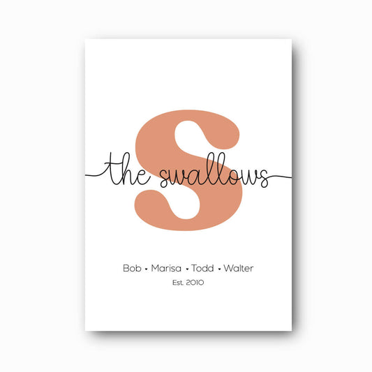 Family Script personalised family name print with clay serif initial and black script font on white background, family wall art by Paper Heart Design