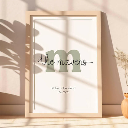 Family Script personalised family name print with sage serif initial and black script font including established date, lifestyle image with plant shadows, by Paper Heart Design
