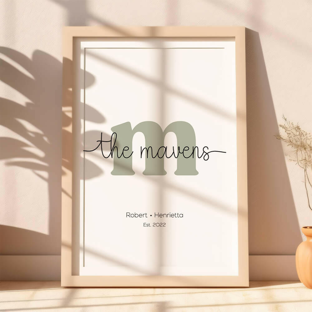 Family Script personalised family name print with sage serif initial and black script font including established date, lifestyle image with plant shadows, by Paper Heart Design