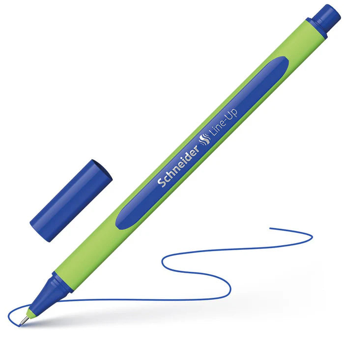 Schneider fineline pen in Lapis Blue ink on angle with blue squiggly line, non-bleed journal pen by Paper Heart Design