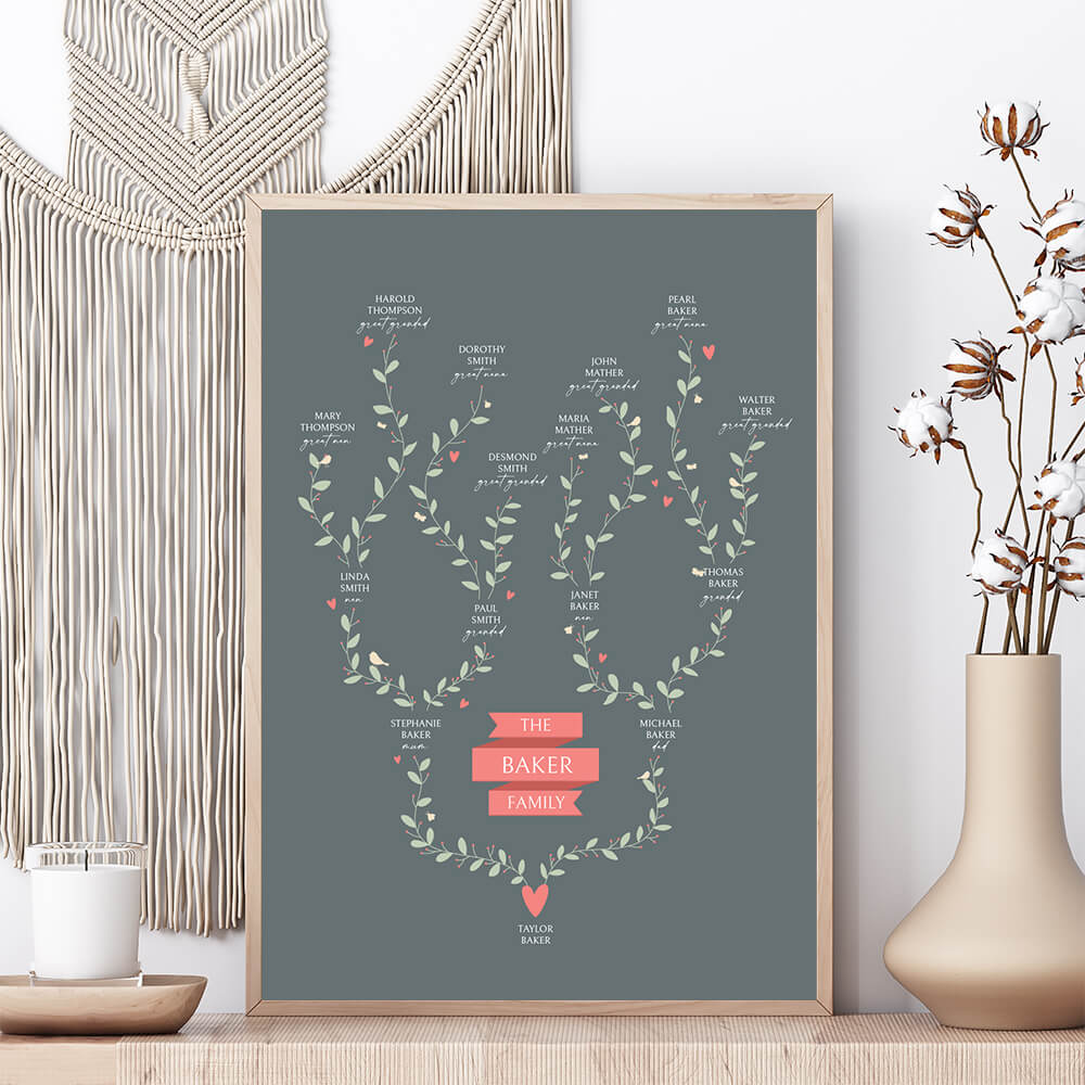 Four Generation Family Tree Print in slate framed on shelf with vase and candle, macrame wall hanging behind, personalised family keepsake by Paper Heart Design