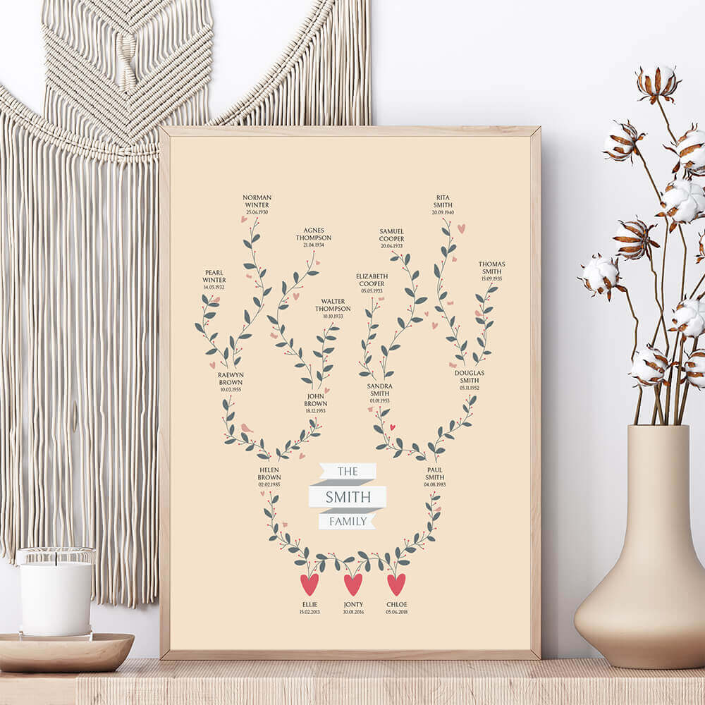 Four Generation Family Tree Print in stone framed on shelf with candle and vase, macrame wall hanging behind, personalised family keepsake by Paper Heart Design