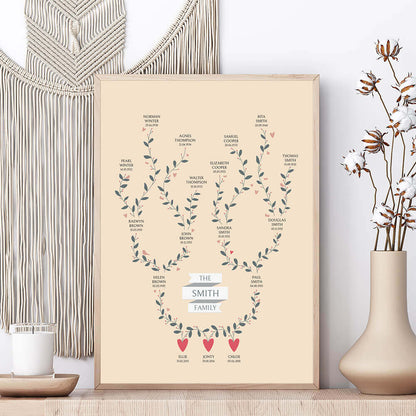 Four Generation Family Tree Print in stone framed on shelf with candle and vase, macrame wall hanging behind, personalised family keepsake by Paper Heart Design
