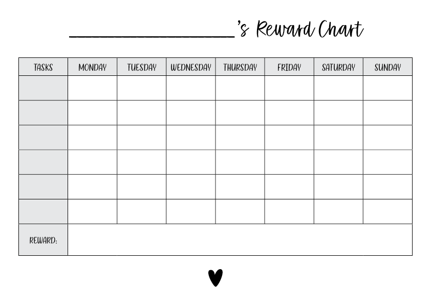 Free printable kids reward chart in monochrome, behaviour and routine chart for children by Paper Heart Design NZ