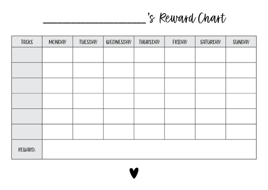 Free printable kids reward chart in monochrome, behaviour and routine chart for children by Paper Heart Design NZ