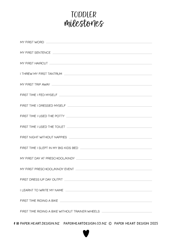 Free printable toddler progress tracker in monochrome showing milestones including first word, first haircut and first tantrum, by Paper Heart Design NZ