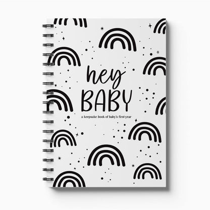 Hey Baby first year baby milestone book - front cover, designed and printed in New Zealand by Paper Heart Design