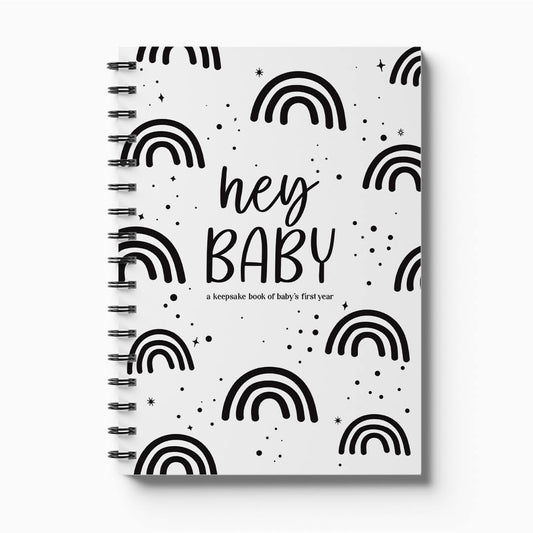 Hey Baby first year baby milestone book - front cover, designed and printed in New Zealand by Paper Heart Design