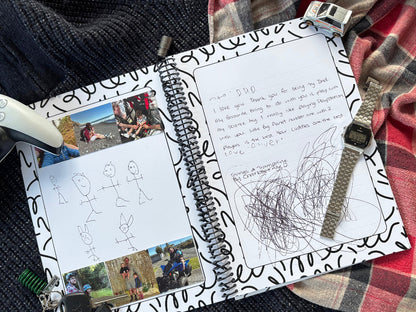 Letters to Dad keepsake book open to filled inner pages showing photos, child's stick family drawing and note to Dad on navy knit and red plaid background with toy car, 10mm socket and Casio watch, by Paper Heart Design NZ