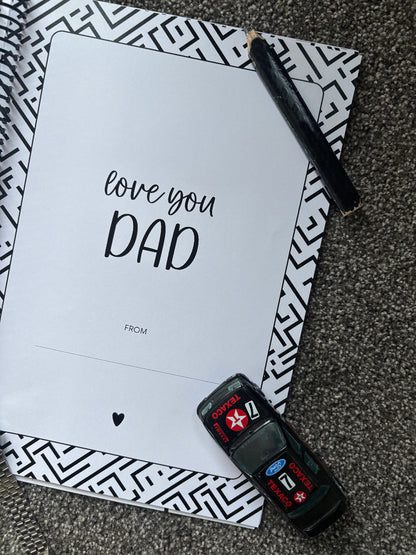 Letters to Dad keepsake book open to first page love you Dad flat lay on grey carpet with toy car, carpenters pencil and watch strap, by Paper Heart Design NZ