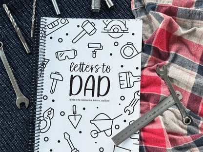 Letters to Dad keepsake book with tools cover on navy knit and red plaid background with ruler, spanner, sockets and drill bits, gift for Dad by Paper Heart Design NZ