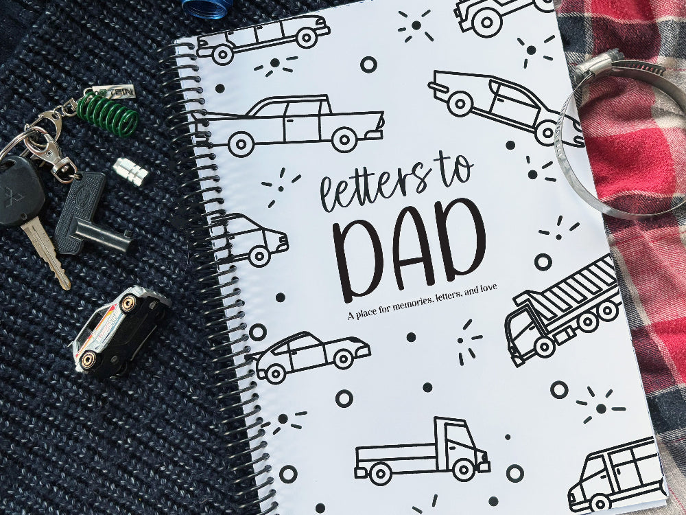 Letters to Dad keepsake book with vehicles cover on navy knit and red plaid fabric with toy Honda car, Mitsubishi keys and Tein spring keyring, gift for Dad by Paper Heart Design NZ