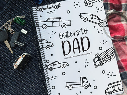 Letters to Dad keepsake book with vehicles cover on navy knit and red plaid fabric with toy Honda car, Mitsubishi keys and Tein spring keyring, gift for Dad by Paper Heart Design NZ