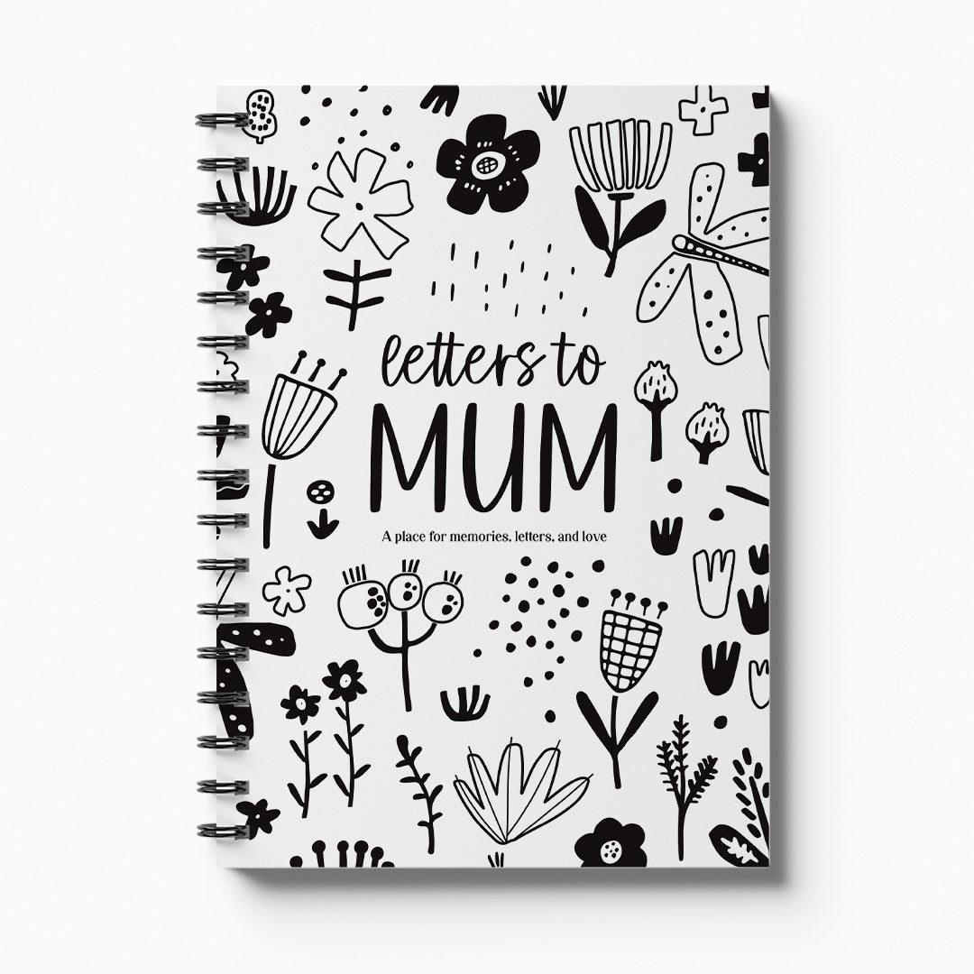 Letters to Mum keepsake book black and white cover on white background, meaningful gift for Mum by Paper Heart Design NZ
