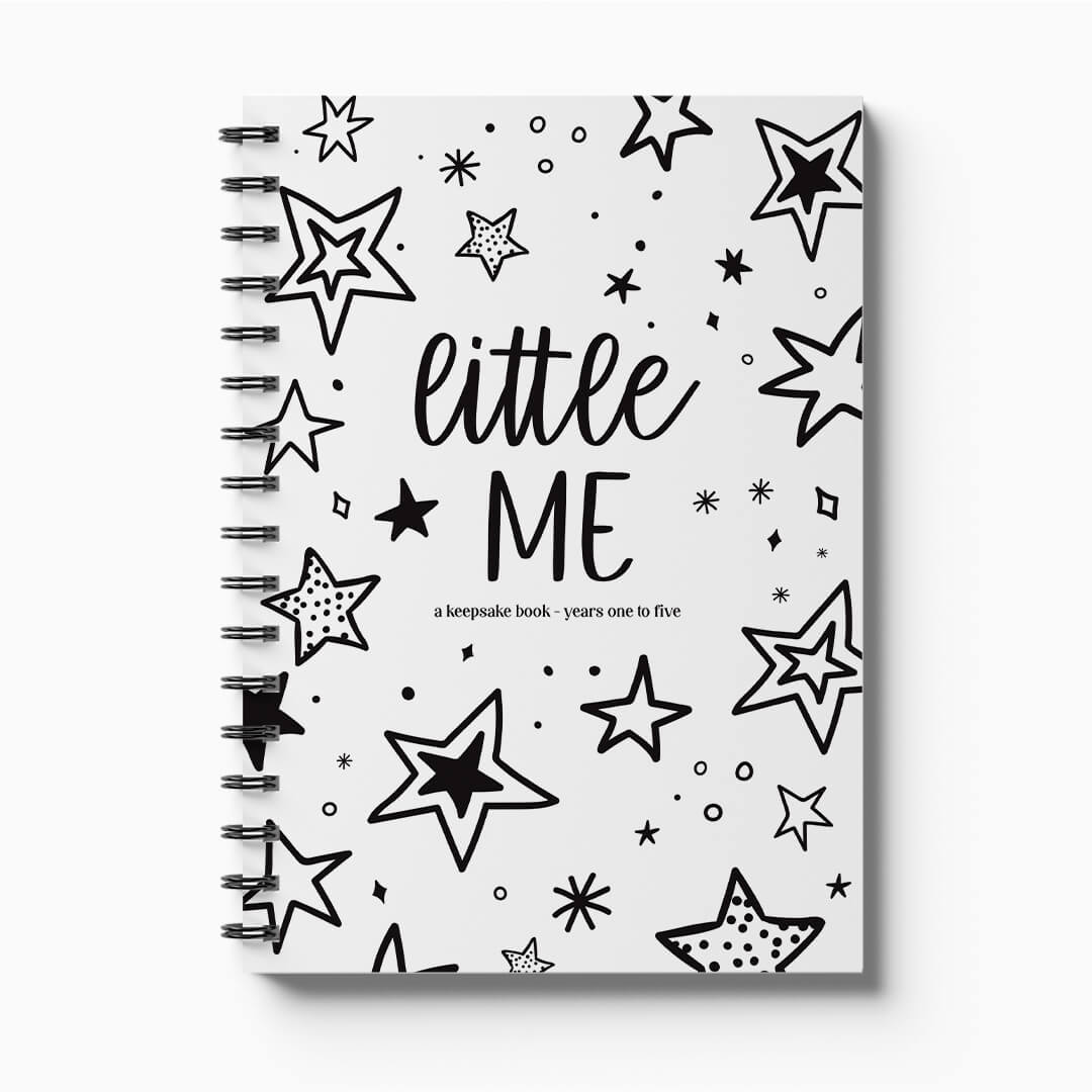 Little Me toddler milestone book front cover with star pattern on white background, first five years keepsake by Paper Heart Design NZ