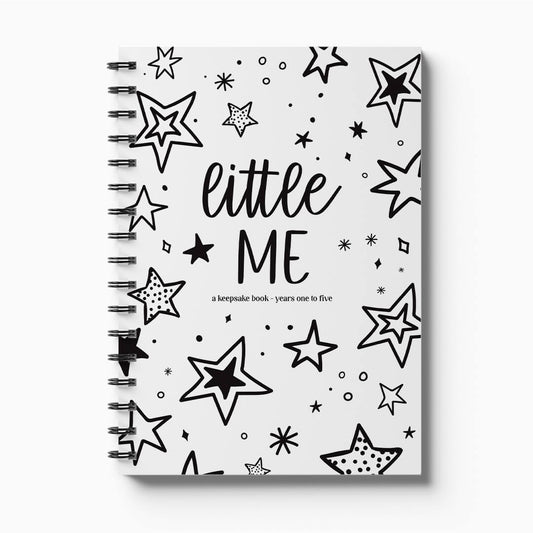 Little Me toddler milestone book front cover with star pattern on white background, first five years keepsake by Paper Heart Design NZ