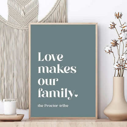 Love Makes Our Family personalised family print in willow framed on shelf with vase and candle beside and macrame wall hanging behind, by Paper Heart Design NZ