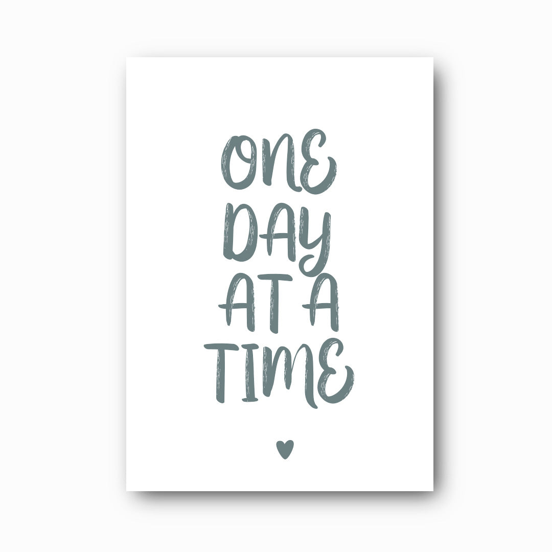 One Day at a Time typographic print in sage on white background, Hope Collection mental health wall art by Paper Heart Design NZ