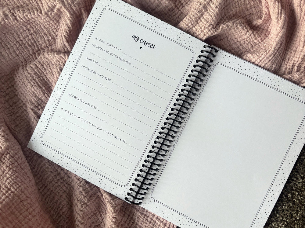 Our Grand Story grandparent keepsake book open to My Career prompt page and blank photo space page on pink fabric, by Paper Heart Design NZ