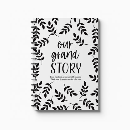Our Grand Story grandparent keepsake book cover with monochrome leaf design on white background, meaningful grandparent gift by Paper Heart Design NZ