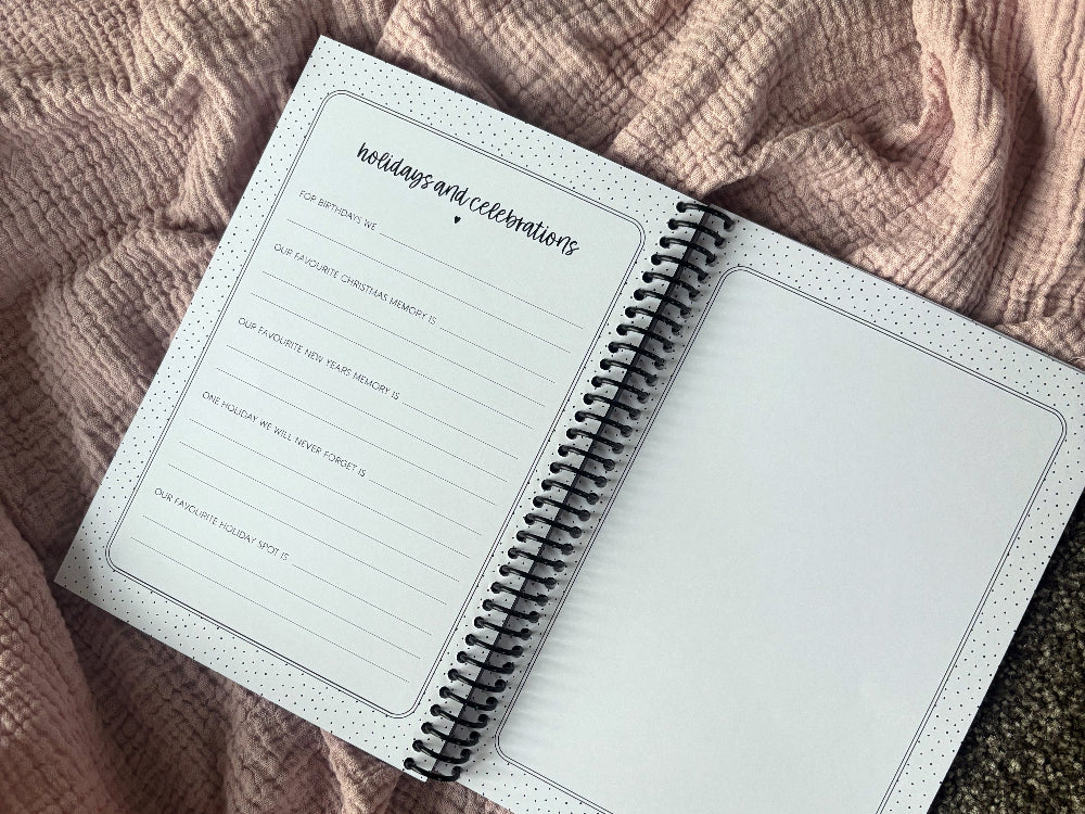 Our Grand Story grandparent keepsake book open to Holidays and Celebrations prompt page and photo space page flat lay on pink fabric, by Paper Heart Design NZ
