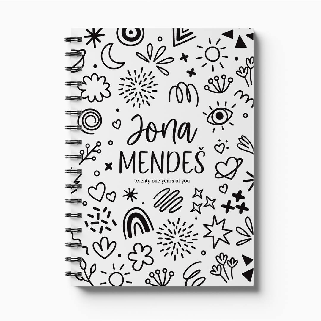 Personalised 21 Years Keepsake Book with monochromatic Doodles cover sample on white background, custom birthday letter keepsake by Paper Heart Design NZ
