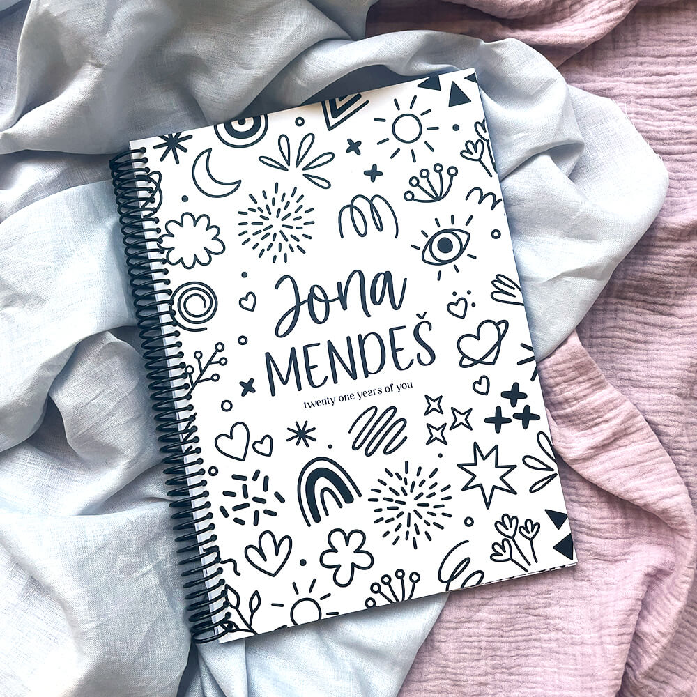 Personalised 21 Years Keepsake Book with Doodles cover on grey and pink fabric, custom birthday letter keepsake by Paper Heart Design NZ