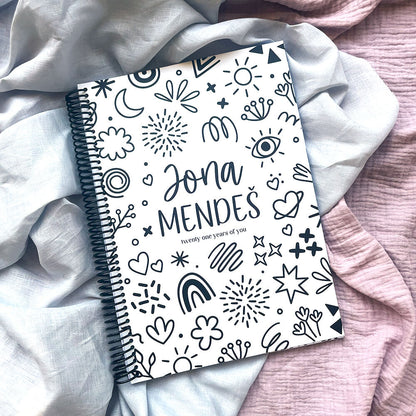 Personalised 21 Years Keepsake Book with Doodles cover on grey and pink fabric, custom birthday letter keepsake by Paper Heart Design NZ