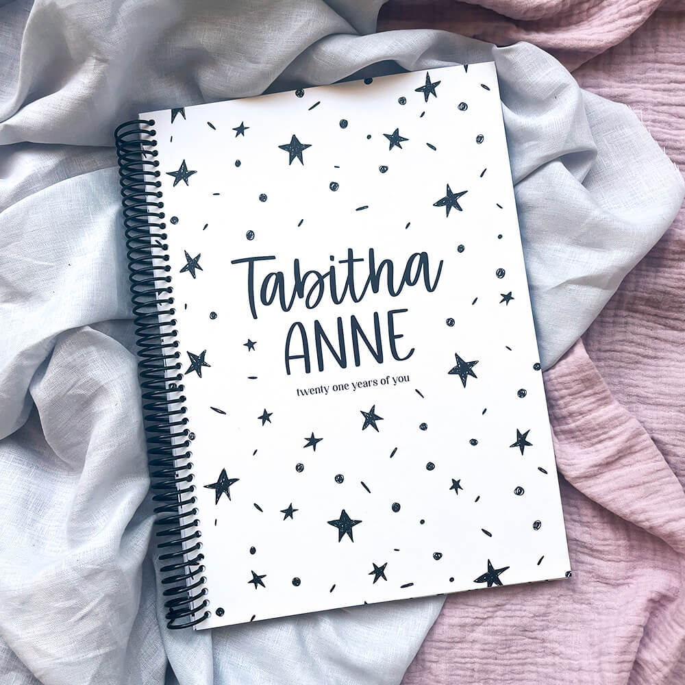 Personalised 21 Years Keepsake Book with Starry Night cover on grey and pink fabric, custom birthday letter keepsake by Paper Heart Design NZ
