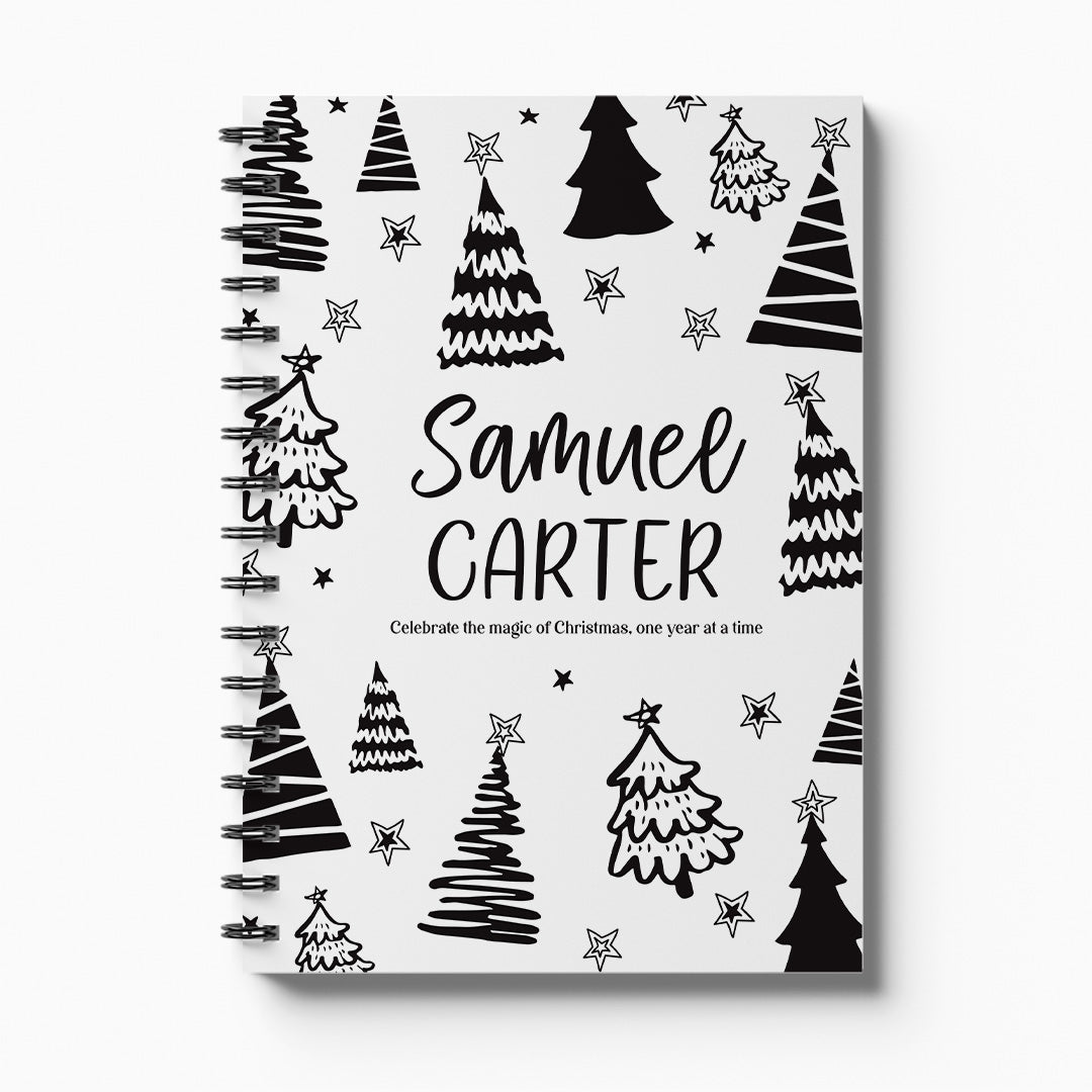 Personalised Christmas Memories keepsake book with Christmas trees cover in black and white on white background, custom Christmas memory book by Paper Heart Design NZ