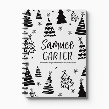 Personalised Christmas Memories keepsake book with Christmas trees cover in black and white on white background, custom Christmas memory book by Paper Heart Design NZ