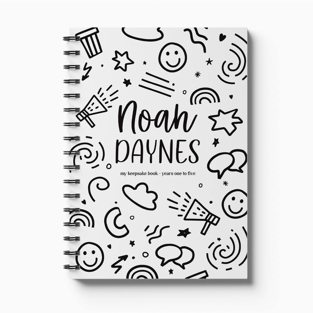 Personalised Little Me toddler milestone book with Smiles design and child's name on white background, custom toddler keepsake by Paper Heart Design NZ