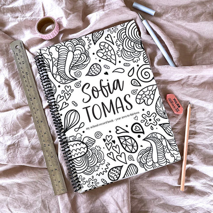 Personalised My School Days school record book doodles cover flat lay on pink fabric with ruler, pencil, pen, eraser and washi tape, custom school keepsake by Paper Heart Design NZ