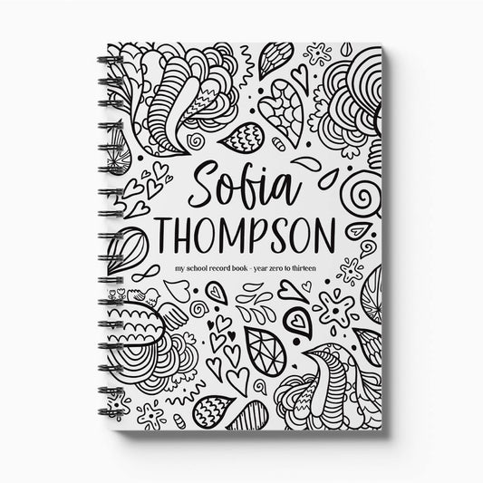 Personalised My School Days school record book with monochromatic doodles cover on white background, custom school keepsake by Paper Heart Design NZ