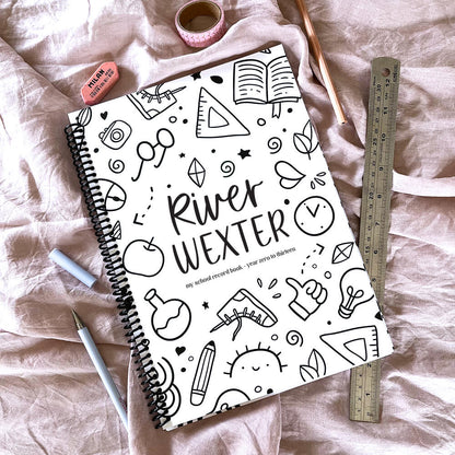 Personalised My School Days school record book Schoolies cover flat lay on pink fabric with ruler, pencil, pen, eraser and washi tape, custom school keepsake by Paper Heart Design NZ