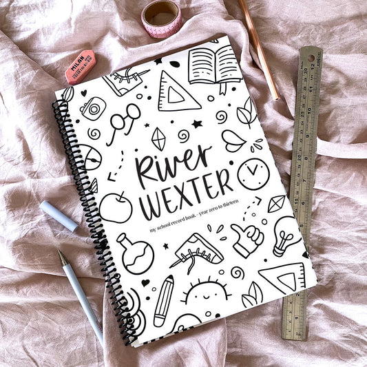 Personalised My School Days school record book Schoolies cover flat lay on pink fabric with ruler, pencil, pen, eraser and washi tape, custom school keepsake by Paper Heart Design NZ